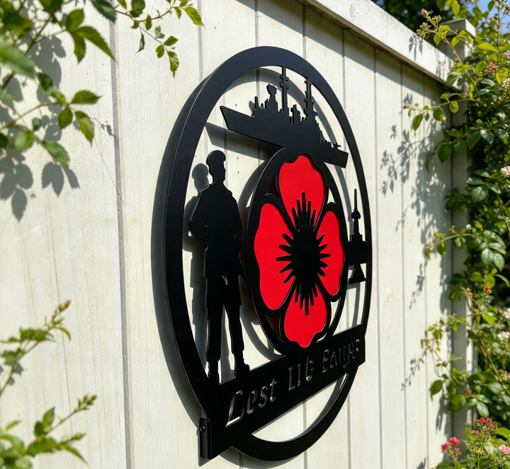 A black metal wall sign featuring a red poppy flower, soldier silhouette, and ship silhouette, mounted on a white wooden fence with green foliage in the foreground.