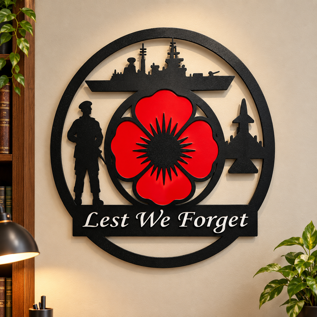 A circular black metal wall sign featuring a large red poppy flower in the center, silhouettes of a soldier, ship, tower, and missile, and the text 'Lest We Forget' at the bottom, mounted on a beige wall with books and plants nearby.