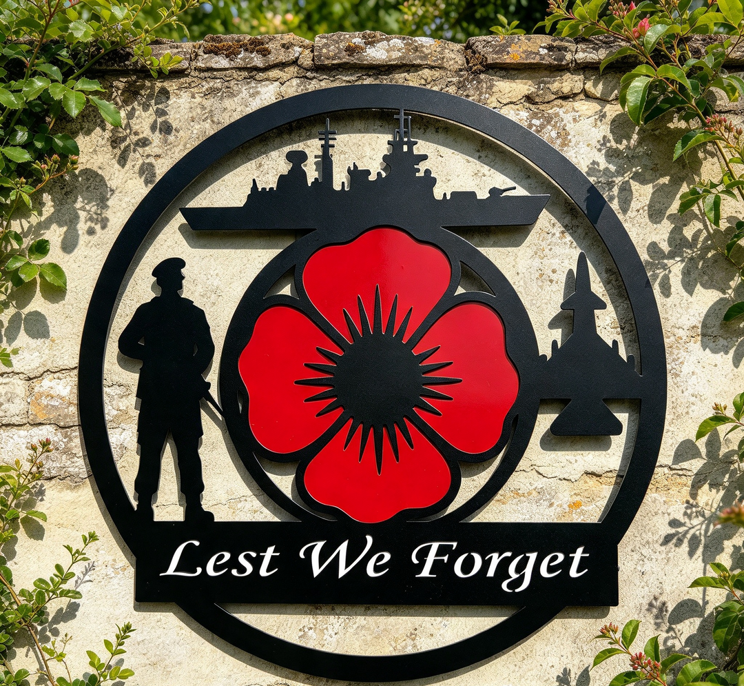 A circular black metal memorial sign mounted on a stone wall, featuring a large red poppy in the center, silhouettes of a soldier, ships, and a missile, and the words 'Lest We Forget' in white at the bottom.