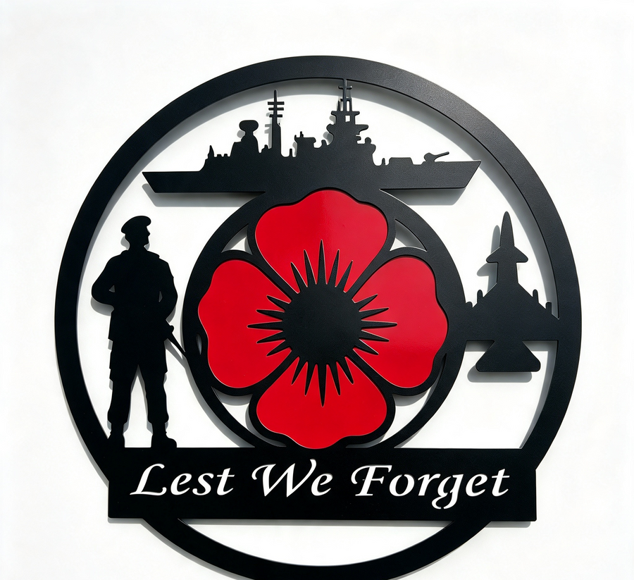 A circular black metal wall plaque featuring a red poppy in the center, silhouettes of a soldier, a ship, a fighter jet, and the text 'Lest We Forget' at the bottom, shown against a plain white background.