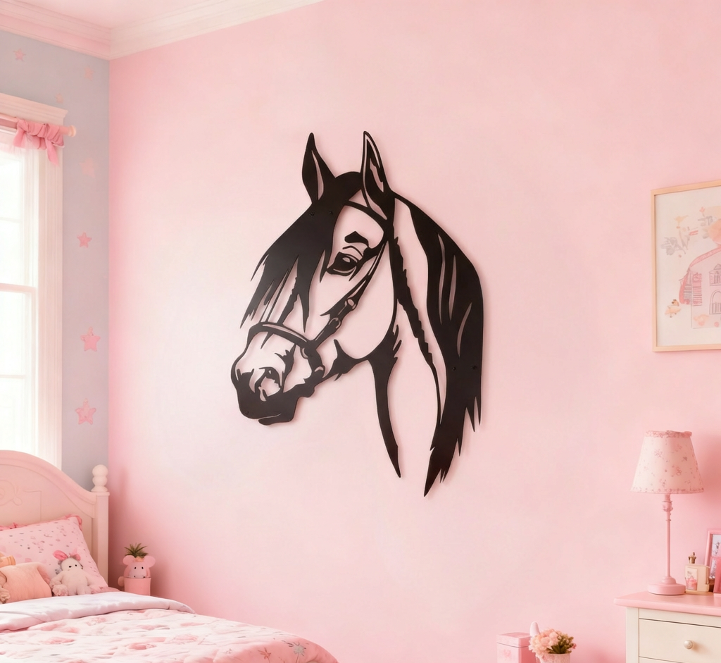 Black horse head wall decal on a pink wall in a child's bedroom.