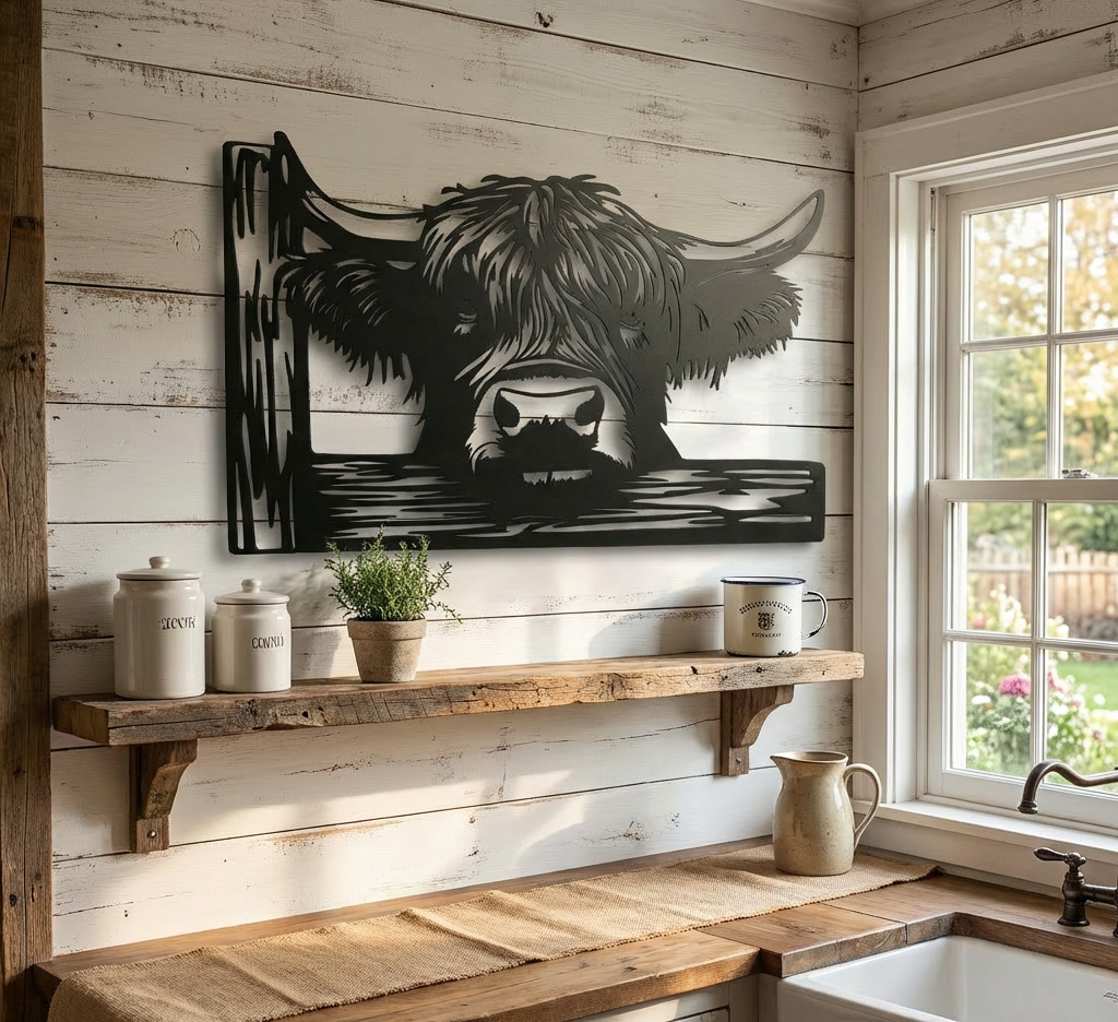 Rustic kitchen with wooden wall art of a highland cow, shelves with jars and plants, and a window view.