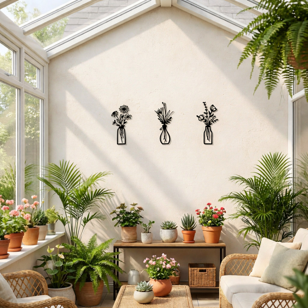 Metal Floral Wall Art Set of 3 – Black Vase Flower Wall Décor - Rusper & Pines