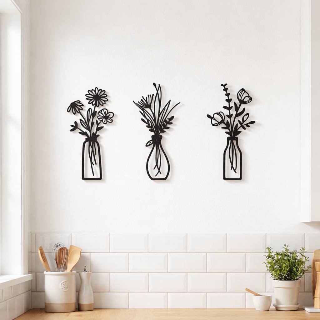 Metal Floral Wall Art Set of 3 – Black Vase Flower Wall Décor - Rusper & Pines