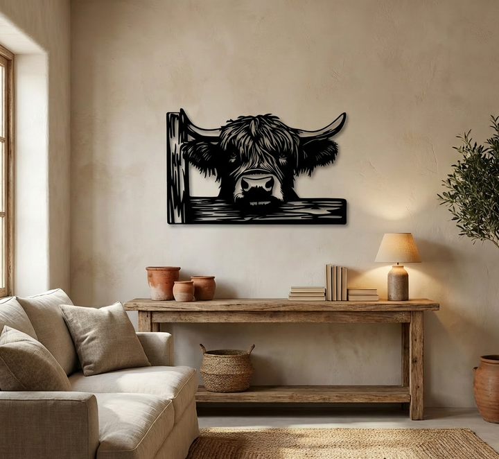 Living room with a wall art of a highland cow head on a beige wall.