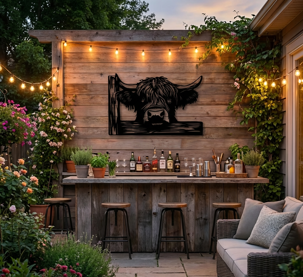 Outdoor bar setup with wooden wall, decorative cow cutout, and string lights.