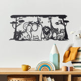 Metal wall decor of a jungle scene with an elephant, monkey. lion, giraffe, tiger and toucan, full of character and charm 