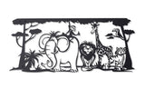 Metal wall decor of a jungle scene with an elephant, monkey. lion, giraffe, tiger and toucan, full of character and charm