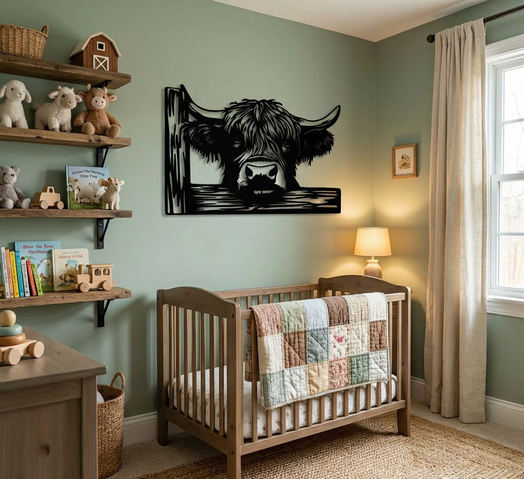 Nursery room with wooden crib, shelves, and wall art of a Highland cow.