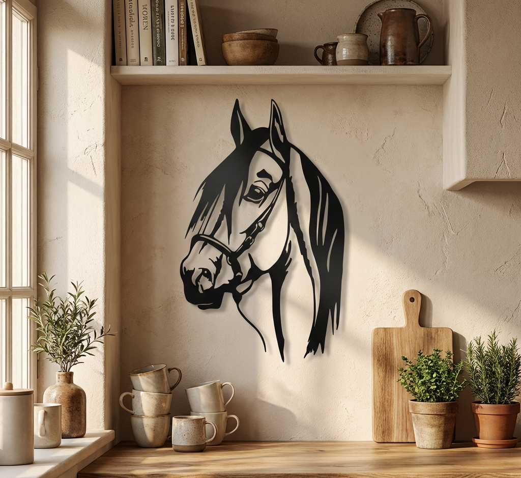 Horse head wall art in a home setting with books and plants.