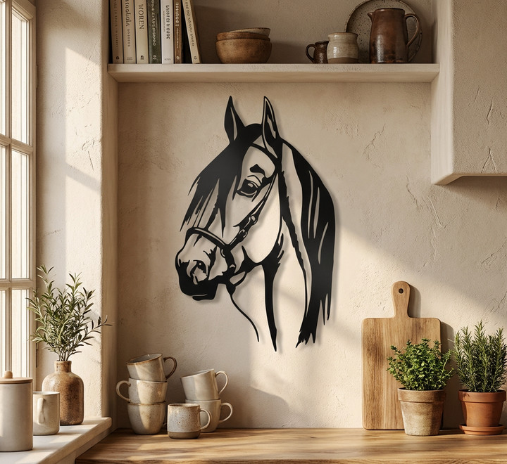 Horse head wall art in a home setting with books and plants.