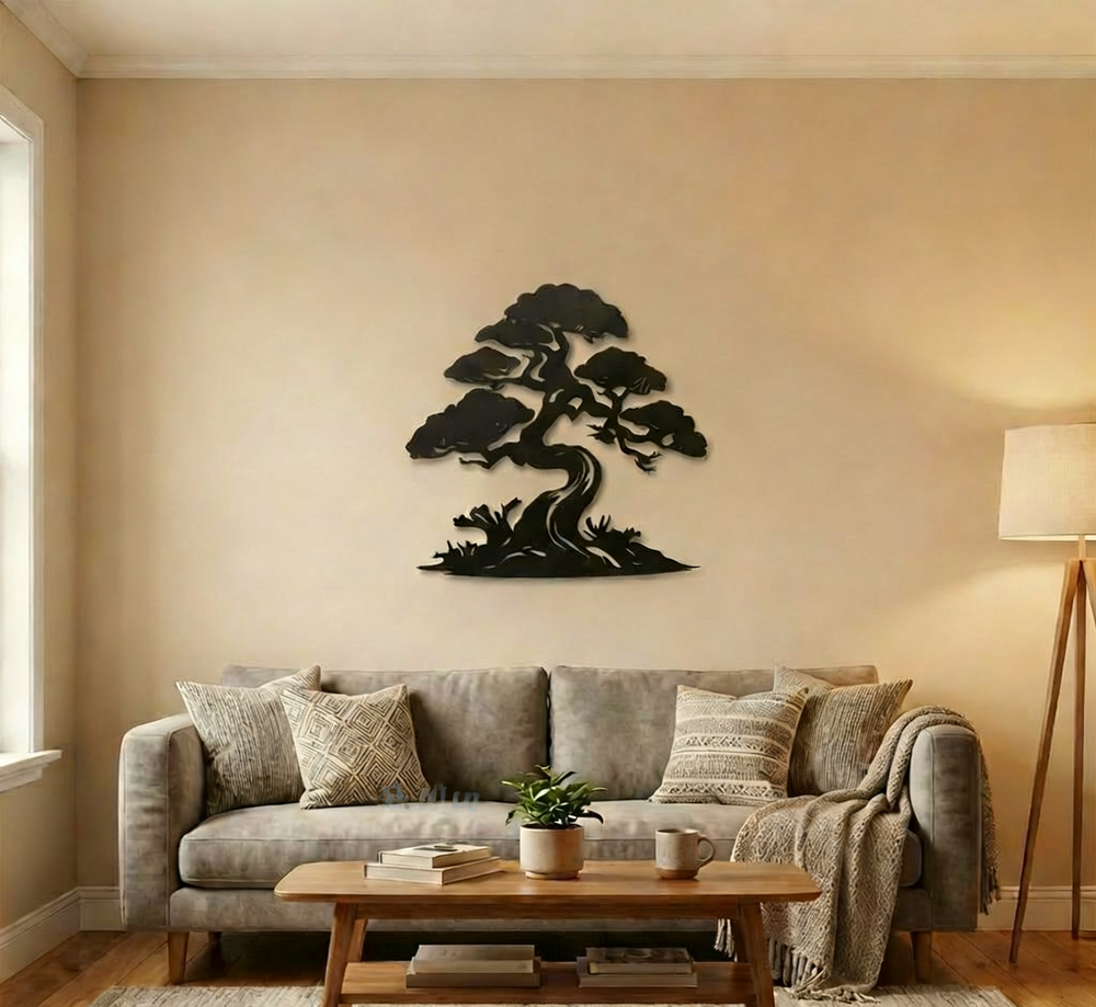 Decorative metal bonsai tree wall art in a living room setting.