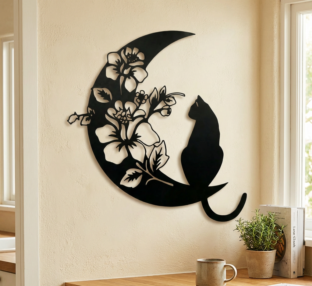Cat on Crescent Moon Metal Wall Art - Floral Celestial home decor - Rusper & Pines