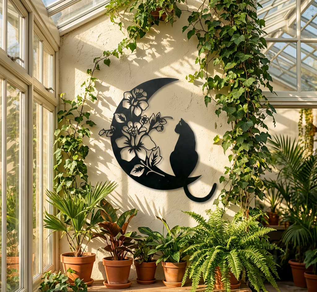Decorative metal wall art of a cat and moon with plants in a sunlit room.