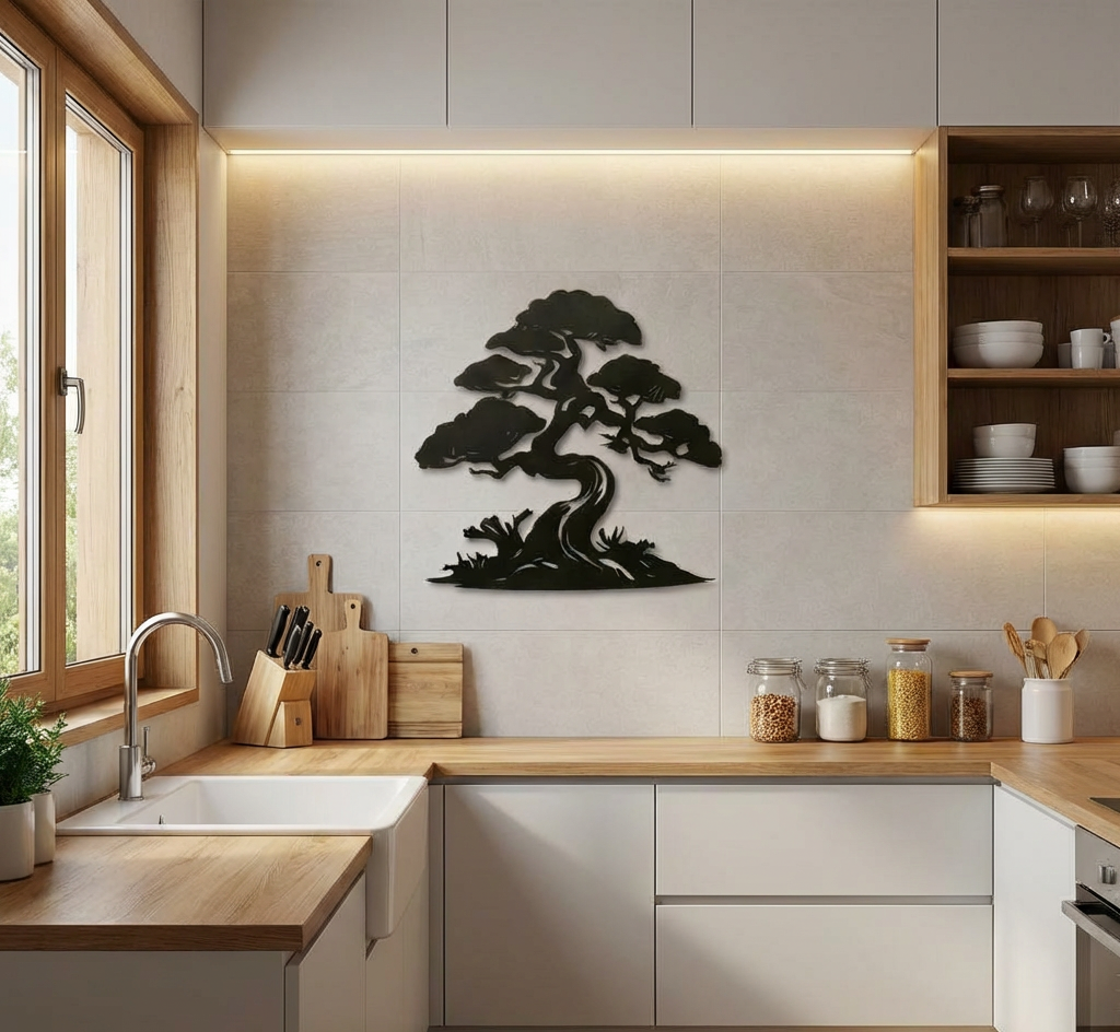 Modern kitchen with wooden countertops, white cabinets, and a decorative metal bonsai tree wall art.