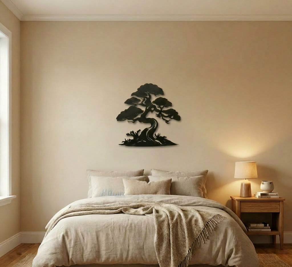  Modern bedroom interior featuring a large black bonsai metal wall art piece centered above a bed with neutral linens and a wooden nightstand.