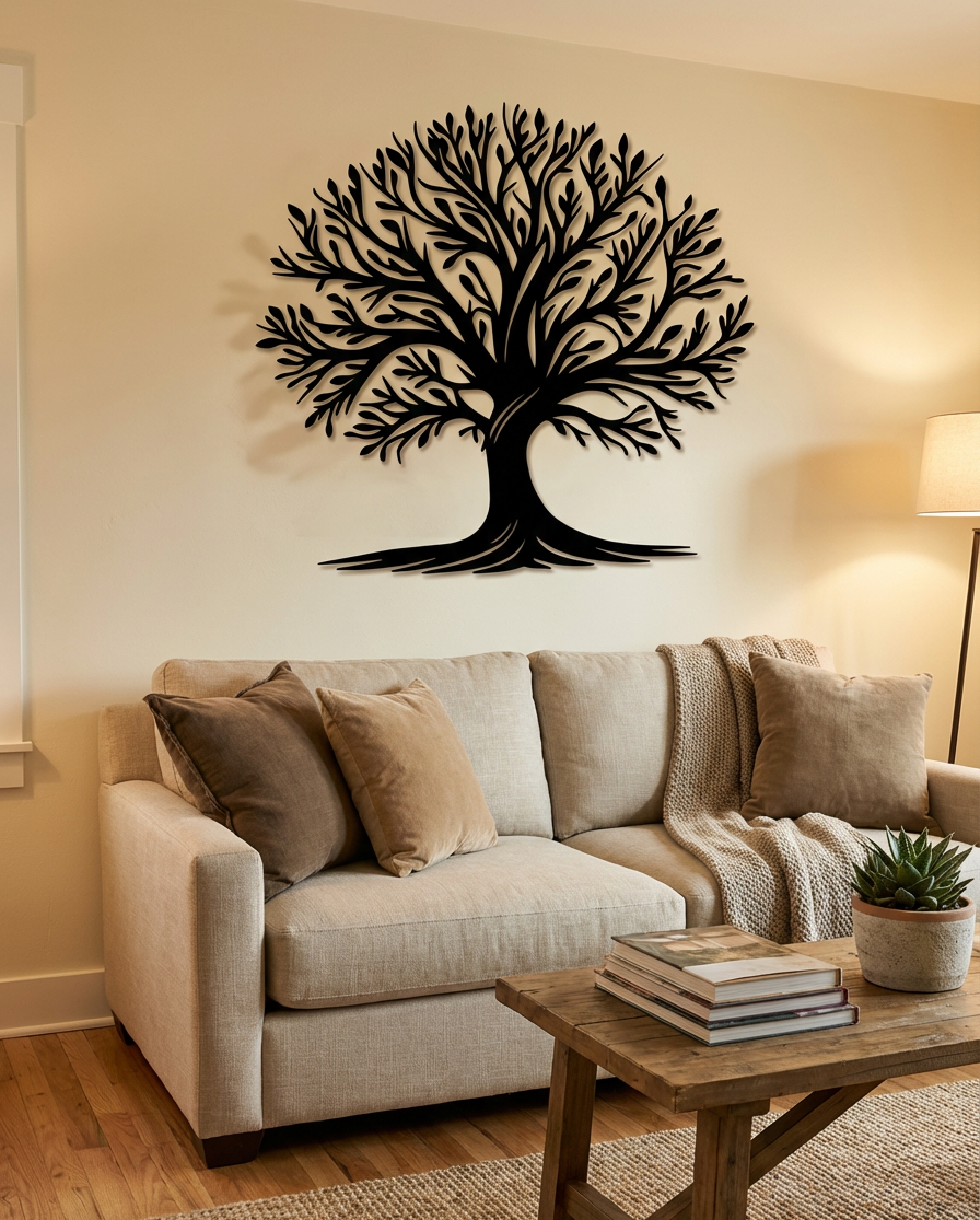 Decorative wall tree sculpture in a living room setting with a couch and coffee table.