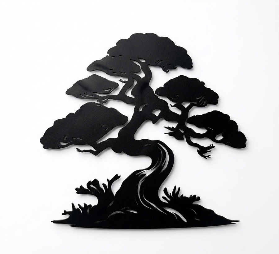 Bonsai tree metal wall art silhouette in matte black finish, minimalist Zen wall decor for home , office or retail space, high quality laser-cu wall hanging