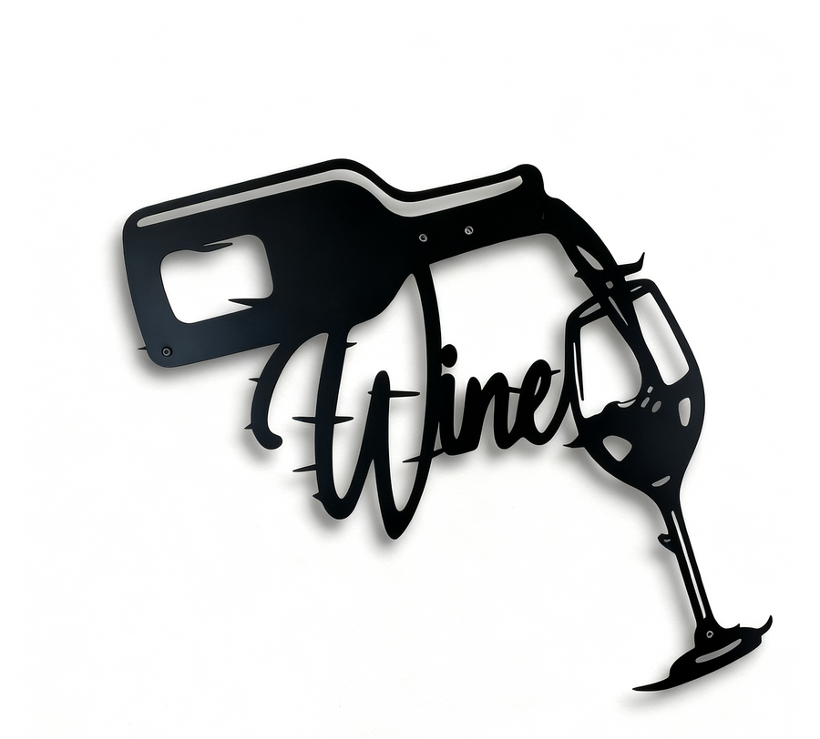 Matte black metal wall art depicting a wine bottle pouring into a glass with the word "Wine" in script, set against a white background.
