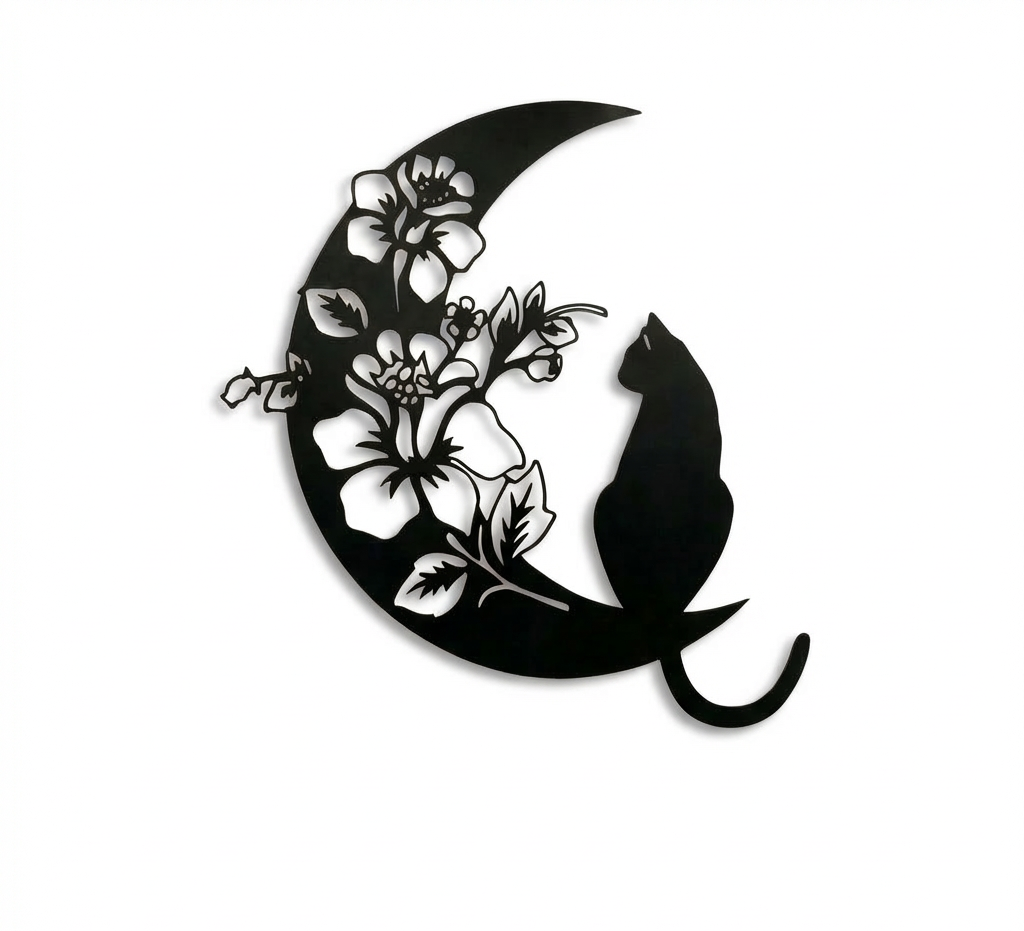 Decorative wall art with a black cat on a crescent moon surrounded by flowers , matte black laser cut steel silhouette, modern celestial home decor