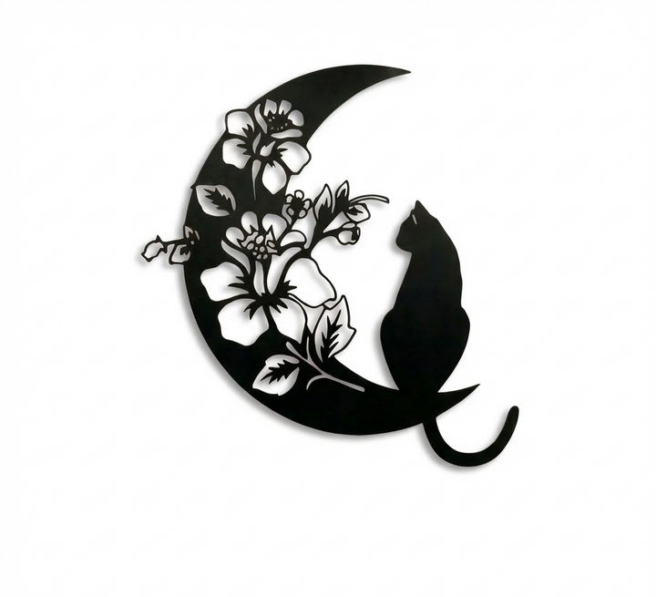 Decorative wall art with a black cat on a crescent moon surrounded by flowers , matte black laser cut steel silhouette, modern celestial home decor