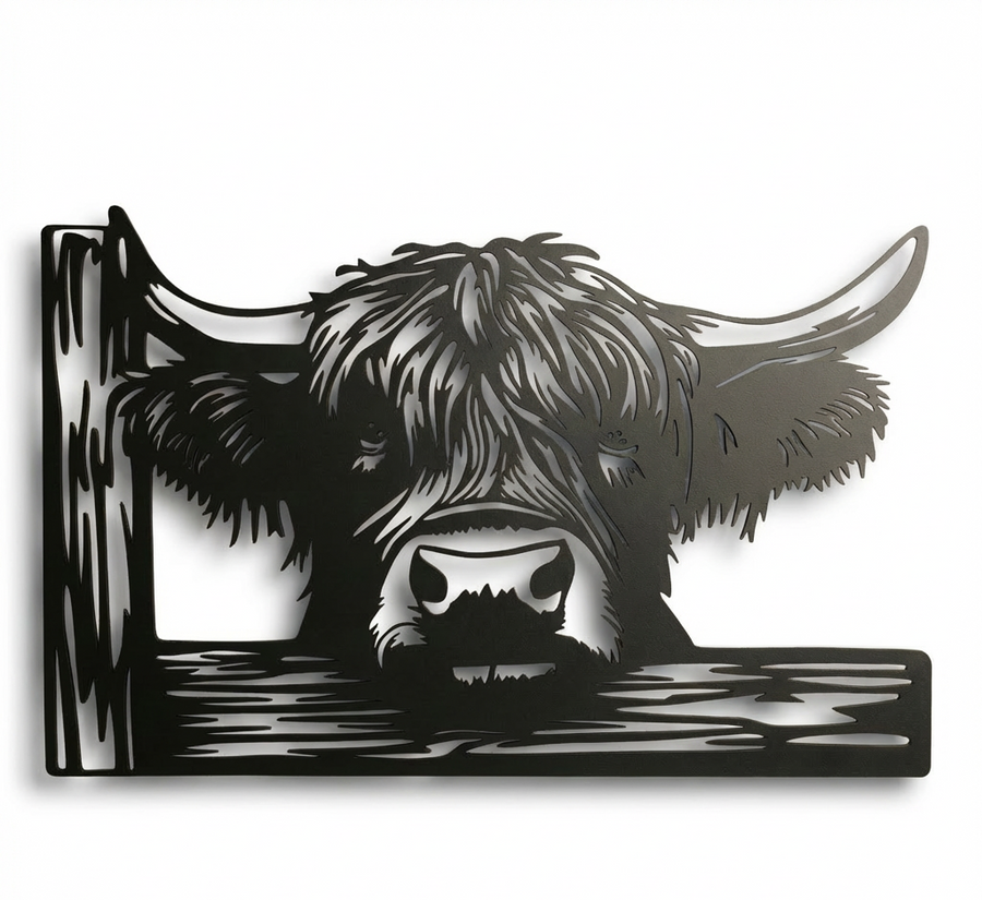 This is a black metal cutout of a Highland cow's head. The cow has long, shaggy hair covering its forehead and eyes, with prominent horns curving upwards and outwards. It appears to be peeking over a wooden fence, with the fence posts and rails intricately cut into the metalwork. The overall style is silhouette-like, with a stark contrast between the black metal and the white background, creating a dramatic and rustic aesthetic.






