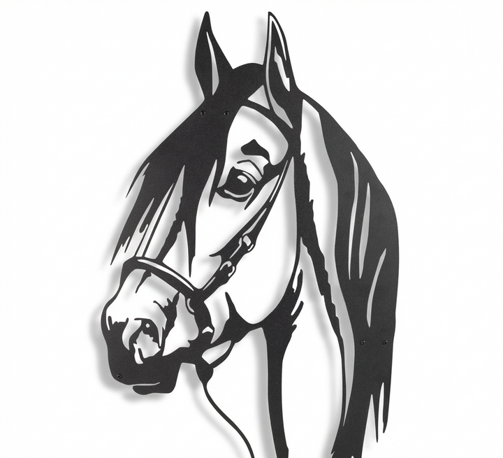 Black metal horse head silhouette wall art with flowing mane and bridle detail
