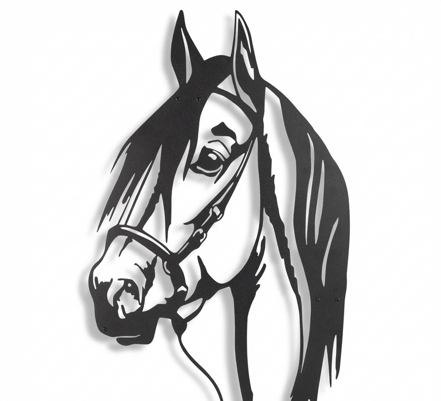 Black metal horse head silhouette wall art with flowing mane and bridle detail