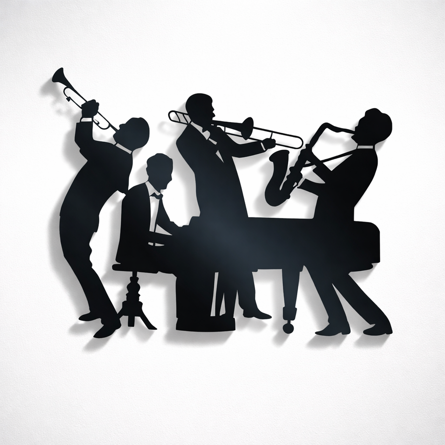 Silhouette of a jazz band playing instruments on a white background