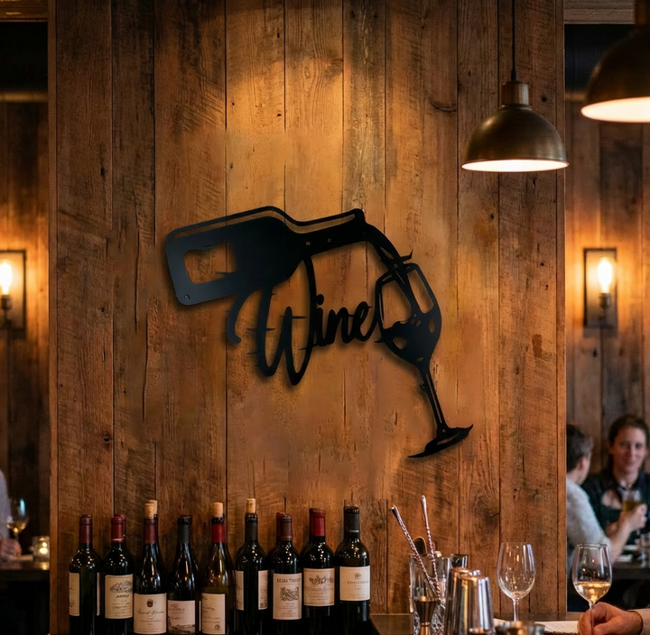 Matte black metal wall art depicting a wine bottle pouring into a glass with the word "Wine" in script, set in a bar setting on a wooden background above wine bottles
