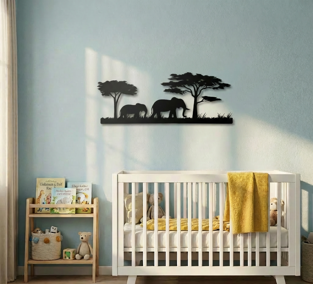 African Savanna elephant metal wall art, safari silhouette wall decor of parent and baby elephant with trees and grass set above a cot in a nursery or children's bedroom