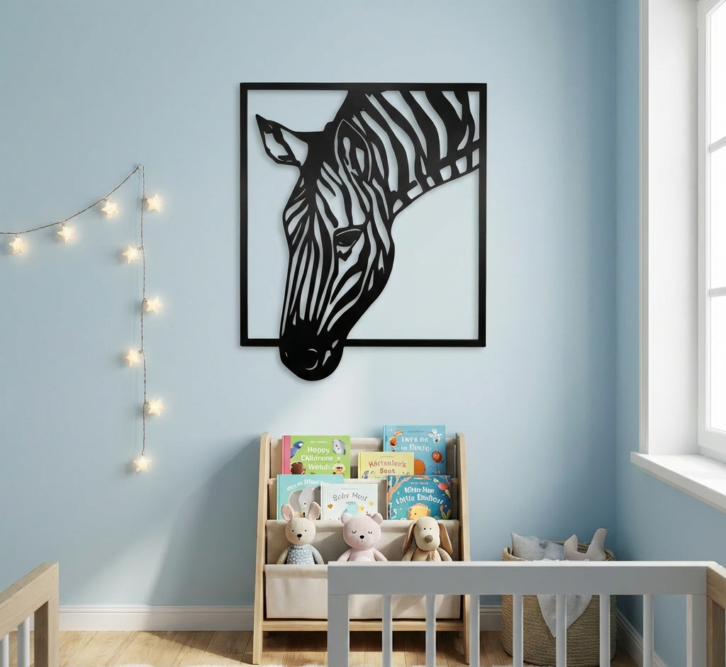 Modern matte black metal wall art featuring a zebra head silhouette extending outside a square frame set in a nursery or children's bedroom