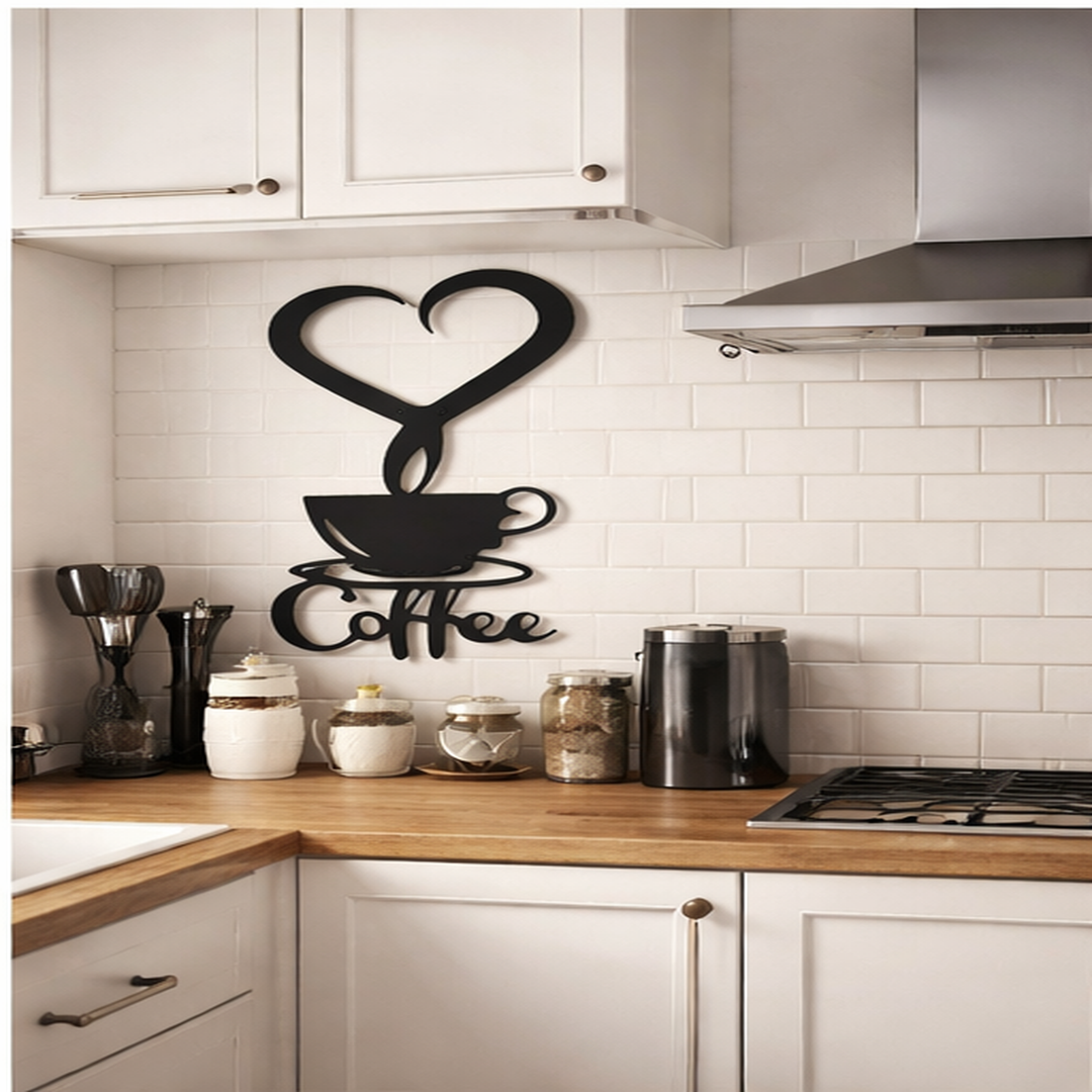 Black metal coffee wall decor displayed in a modern kitchen coffee station
