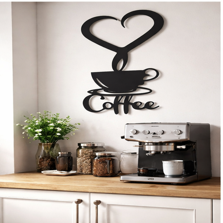 Coffee cup metal wall art next to espresso machine in a home coffee bar setup

