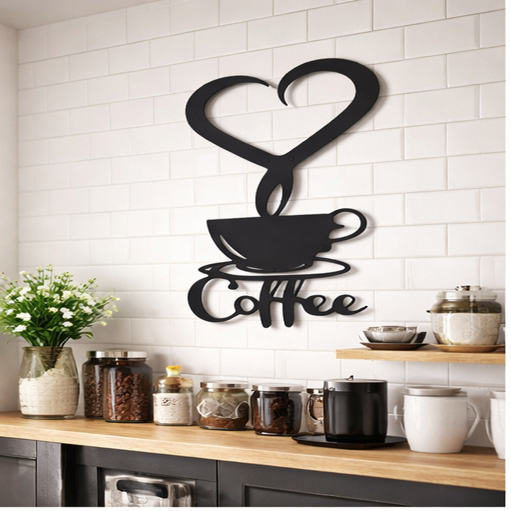 Coffee cup metal wall art displayed as kitchen wall decor above a coffee station
