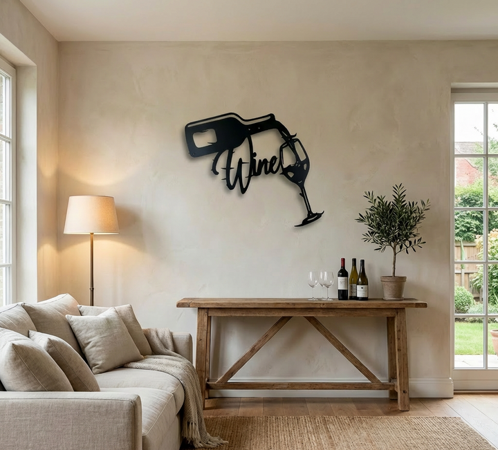 Matte black metal wall art depicting a wine bottle pouring into a glass with the word "Wine" in script, set in a living room setting above a table with wine bottles and wine glasses
