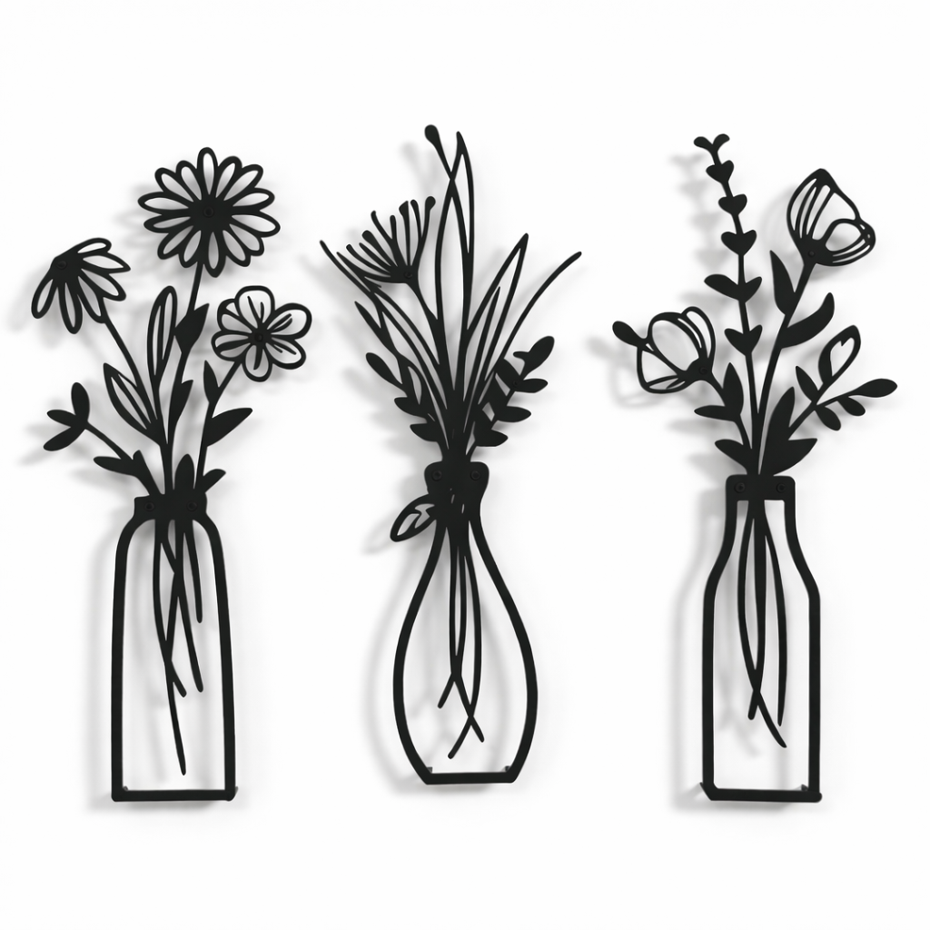Black metal floral wall art in three vase-shaped panels displayed on a white  wall 
