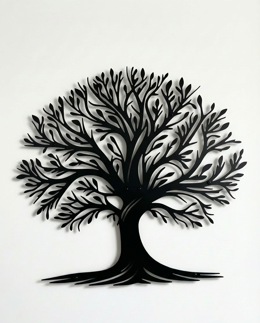 Black metal tree of life silhouette wall art with intricate  branches and leaves