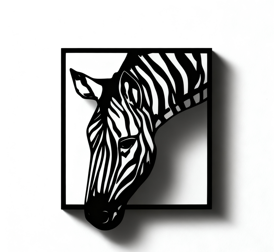 Modern matte black metal wall art featuring a zebra head silhouette extending outside a square frame