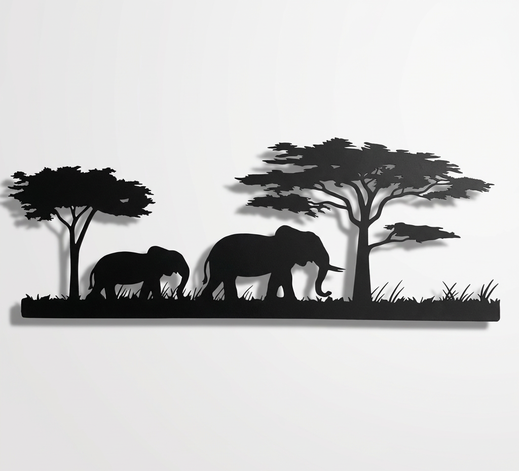 African Savanna elephant metal wall art, safari silhouette wall decor of parent and baby elephant with trees and grass