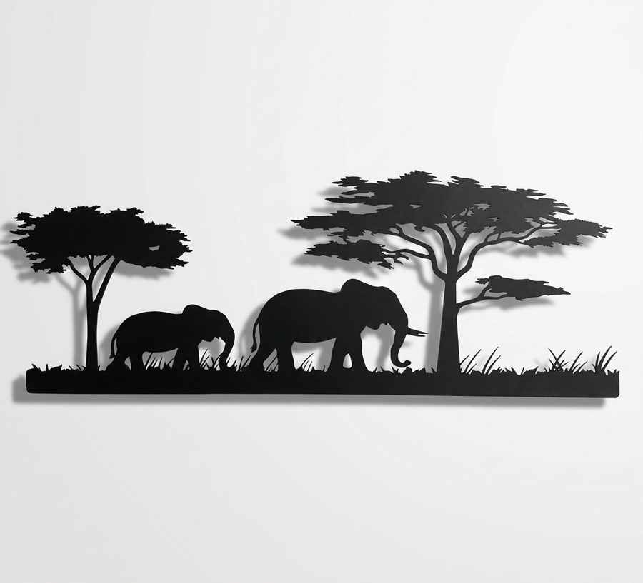 African Savanna elephant metal wall art, safari silhouette wall decor of parent and baby elephant with trees and grass