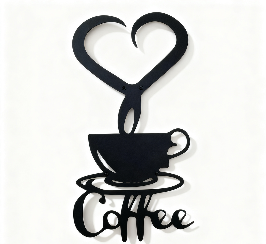 Heart coffee cup metal wall art on white background