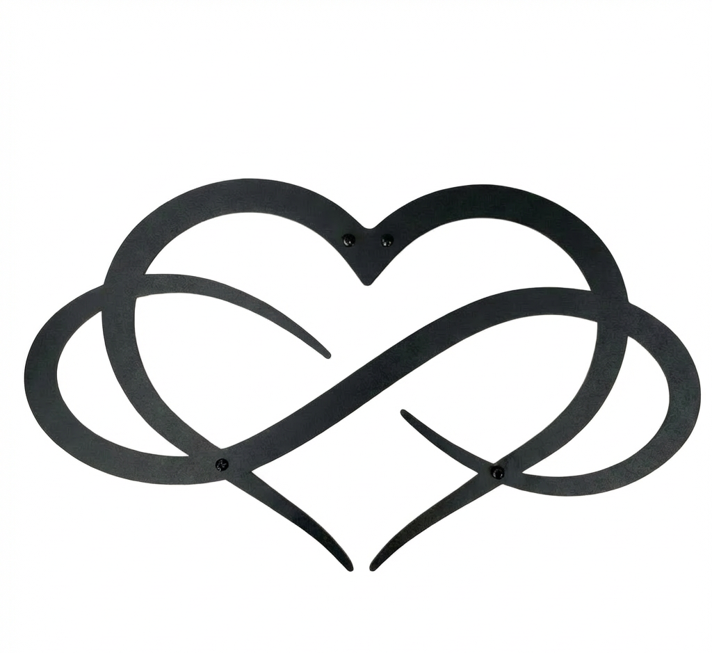Matte black metal wall art featuring an intertwined heart and infinity symbol design on a white background.
