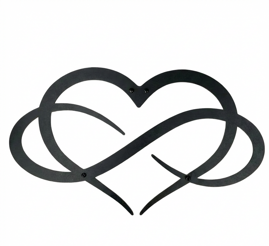 Matte black metal wall art featuring an intertwined heart and infinity symbol design on a white background.
