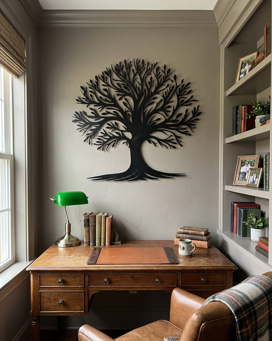 Black metal tree of life silhouette wall art with intricate  branches and leaves in a home office