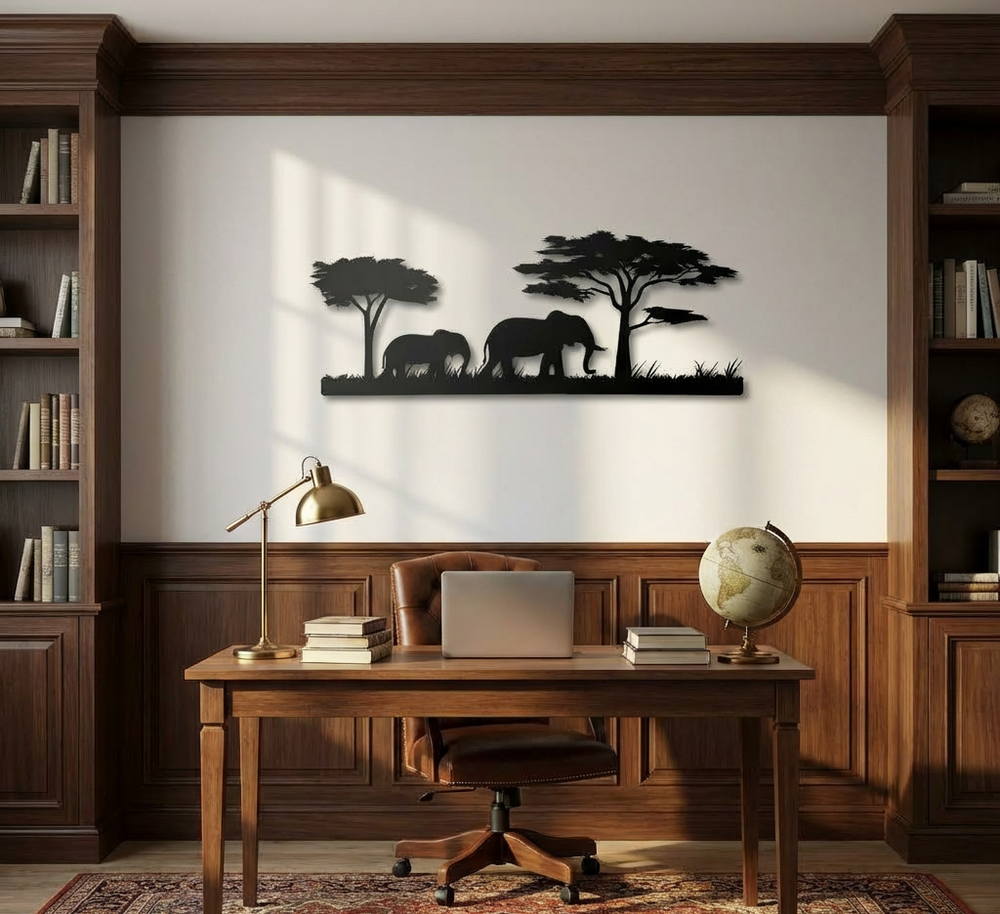 African Savanna elephant metal wall art, safari silhouette wall decor of parent and baby elephant with trees and grass set behind a desk in a study or office