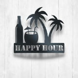 Metal wall decor with happy hour wording with a bottle, glass and palm tree design ready to hang in your bar or entertainment area.