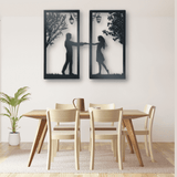 Metal wall art of boy and girl standing under a tree and lamp arms stretched out holding hands