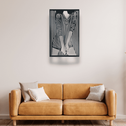 Metal wall decor of lady holding onto her dress made in a contemporary stylish design with a retro twist.