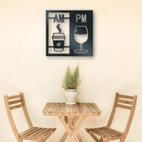 Fun metal wall sign with text and images to drink coffee in the morning and drink wine in the afternoon